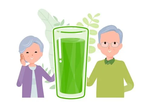 A smiling senior couple standing side by side with glasses of green juice b.. Stock Illustration