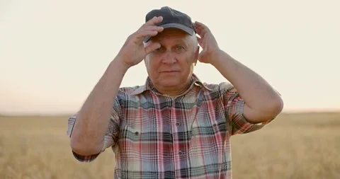Smiling senior farmer posing surrounded by golden wheat meadow looking at camera Stock Footage 157722597