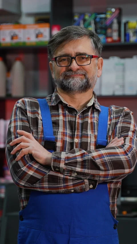 Smiling senior man posing proudly in an auto parts store surrounded by motor oil Video stock 309887875