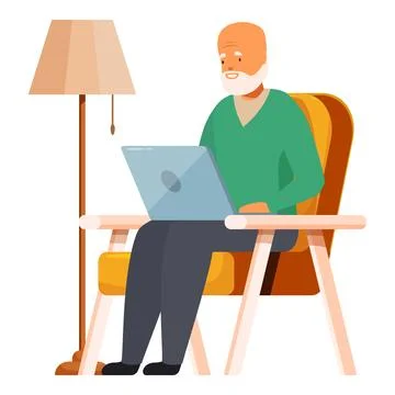 Smiling senior man using laptop at home, comfortable elderly person enjoyin.. Illustrazione stock