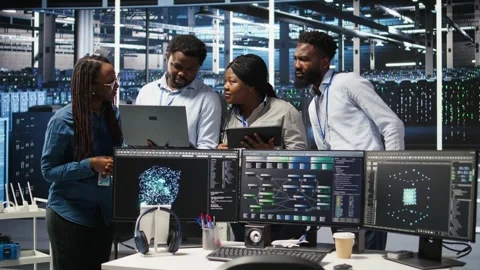Smiling server hub engineers using AI algorithms and node tree systems Stock Footage 309111772