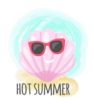 Smiling Shell in Glasses, Hot Summer Card Vector Stock Illustration