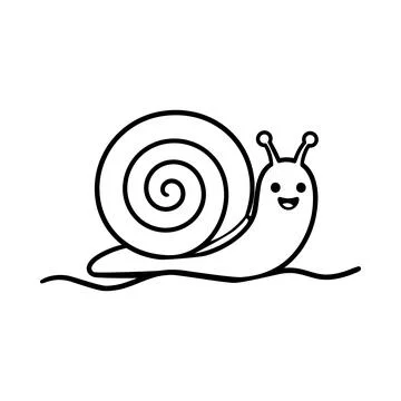 Smiling Snail Crawling on Ground in Black and White Line 스톡 일러스트