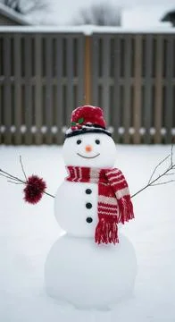 Smiling snowman dressed in a red hat and scarf standing in a snowy backyard, Stock Illustration