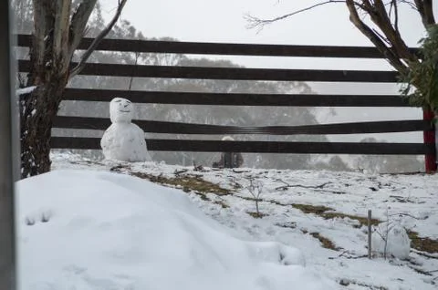Smiling snowman next to a resort barrier Stock Photos