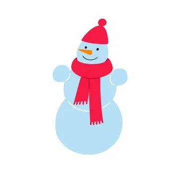 Smiling snowman in red hat and scarf. Flat vector illustration isolated on .. Stock Illustration