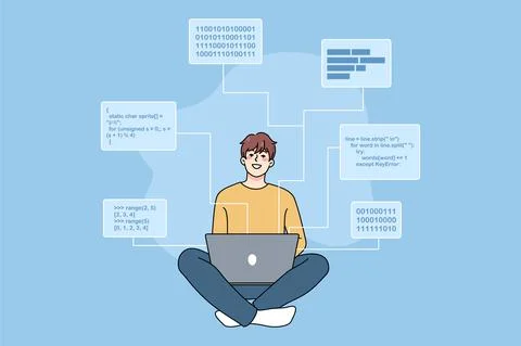 Smiling software engineer writing codes on computer Stock Illustration