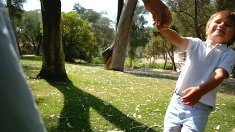 Smiling son pulling father in sunny park Stock Footage 97042358