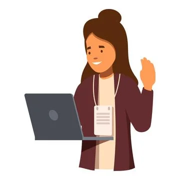 Smiling speaker making online presentation with laptop and greeting audience 스톡 일러스트