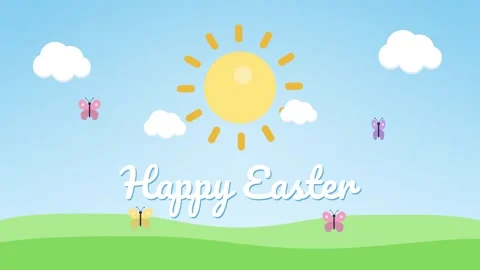 Smiling spring sun rising with clouds and butterflies and a Happy Easter 库存影片 348618742
