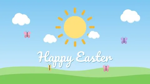 Smiling spring sun rising with clouds and butterflies and a Happy Easter ve.. Ilustração Stock