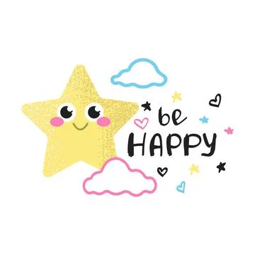 Smiling star with pink cheeks in the clouds and the inscription be happy Stock Illustration
