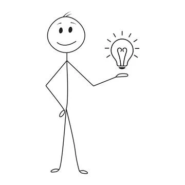 Smiling Stick Figure with Light Bulb Idea Ilustración de archivo