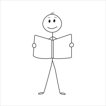 Smiling Stick Figure Reading Open Book Stock Illustration