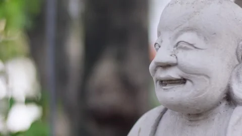 Smiling Stone Buddha Statue Face, Temple Garden, Close-Up Shot Vídeos de archivo 341576941