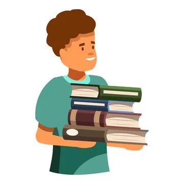 Smiling student carrying stack of library books Stock Illustration