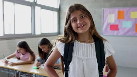 Smiling student posing in classroom with classmates studying Stock Footage 308653887