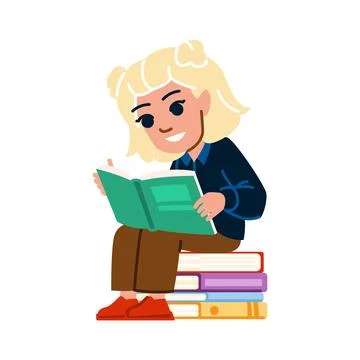 Smiling student reading book sitting on stack of books Illustrazione stock