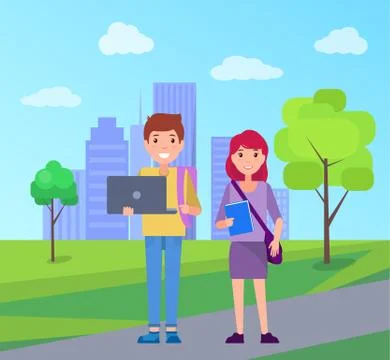 Smiling Students on Background of Skyscrapers Stock Illustration