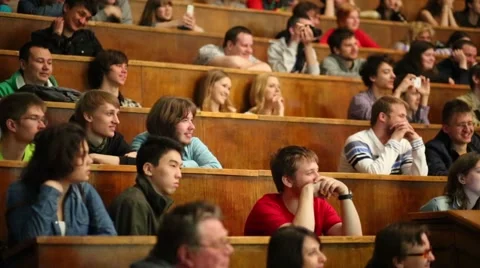 Smiling students sit in auditorium of Moscow State University Stock Footage 51872954