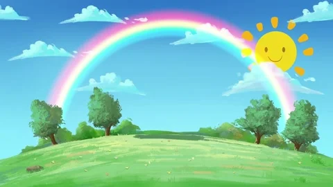 Smiling Sun and Rainbow over Green Hills Cheerful Cartoon Landscape Loop Stock Footage 337461156
