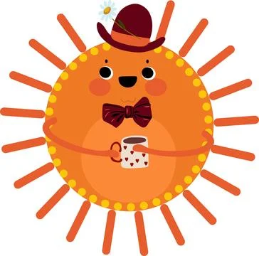 Smiling sun, boy holding a cup, wearing a bow tie and hat. Red and orange co Stock Illustration