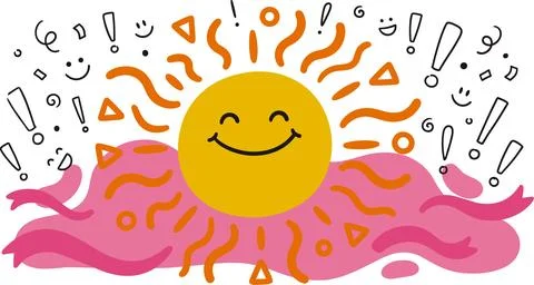 Smiling Sun with Exclamation Marks and Happy Faces. Stock Illustration