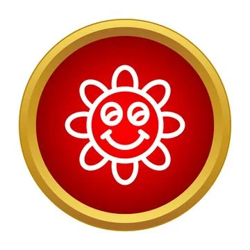 Smiling sun face icon in red gold circle Illustrazione stock