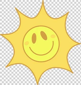 Smiling sun icon is shining in flat design with blush spots, spiky rays, Illustrazione stock