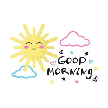 Smiling sun with pink cheeks in the clouds and the inscription Good morning Stock Illustration