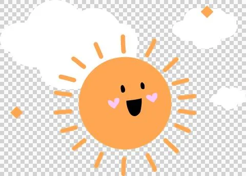 Smiling sun radiating rays among white clouds and orange diamonds on transparent Stock Illustration