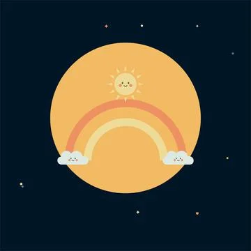 Smiling sun with rainbow and clouds on starry night sky for nursery room Иллюстрация