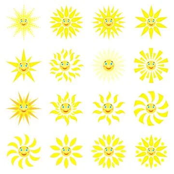 Smiling sun with rays of different shapes. Set of 16 icons on a white backgro Stock Illustration