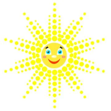 Smiling sun with rays of different shapes. Icon on a white background. Vector Stock Illustration