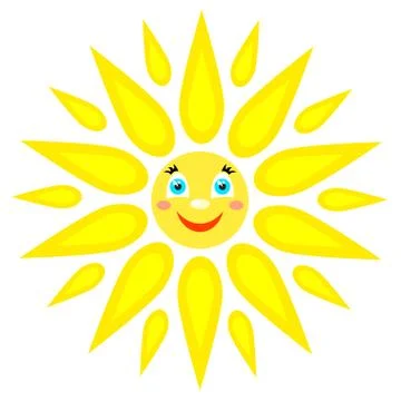 Smiling sun with rays of different shapes. Icon on a white background. Vector Stock Illustration