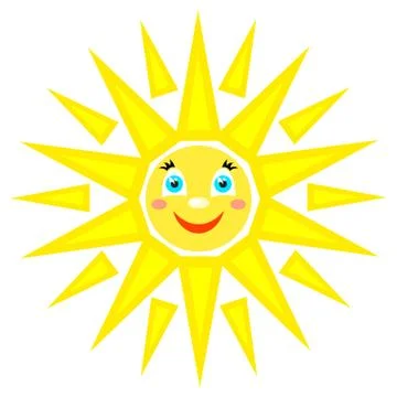 Smiling sun with rays of different shapes. Icon on a white background. Vector Illustrazione stock