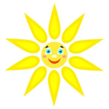 Smiling sun with rays of different shapes. Icon on a white background. Vector Stock Illustration