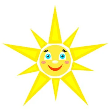 Smiling sun with rays of different shapes. Icon on a white background. Vector Stock Illustration