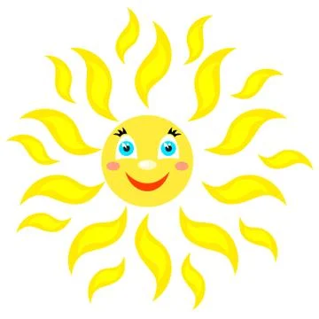 Smiling sun with rays of different shapes. Icon on a white background. Vector Stock Illustration
