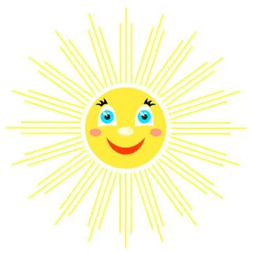 Smiling sun with rays of different shapes. Icon on a white background. Vector Stock Illustration