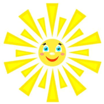 Smiling sun with rays of different shapes. Icon on a white background. Vector 스톡 일러스트