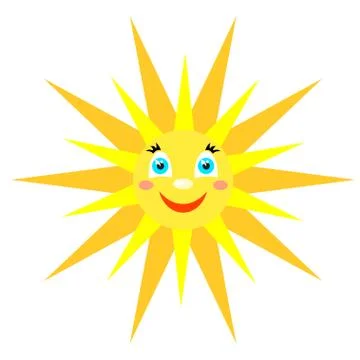 Smiling sun with rays of different shapes. Icon on a white background. Vector Illustrazione stock