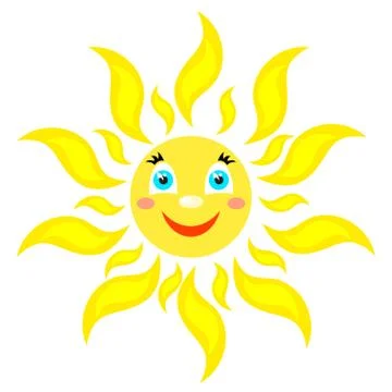 Smiling sun with rays of different shapes. Icon on a white background. Vector Stock Illustration