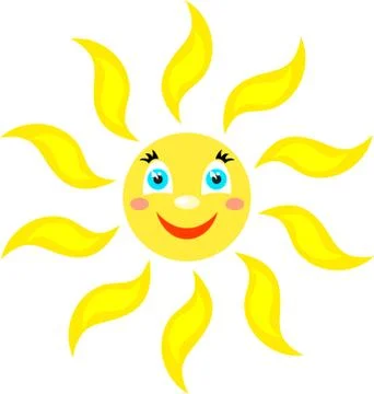 Smiling sun with rays of different shapes. Icon on a white background. Vector Stock Illustration
