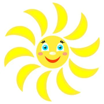 Smiling sun with rays of different shapes. Rays in the form of a crescent. Ic Stock Illustration
