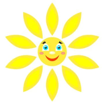 Smiling sun with rays of different shapes. Icon on a white background. Vector Stock Illustration