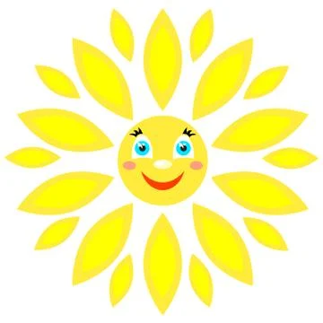 Smiling sun with rays of different shapes. Icon on a white background. Vector Stock Illustration
