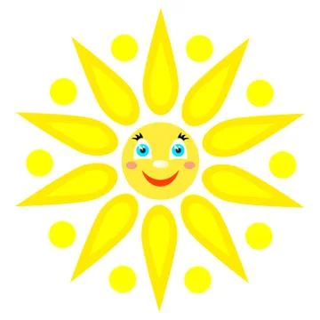 Smiling sun with rays of different shapes. Icon on a white background. Vector Stock Illustration