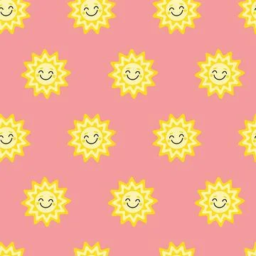 Smiling sun. Seamless pattern with smiling sun on pink background. Flat, cartoon イラスト素材