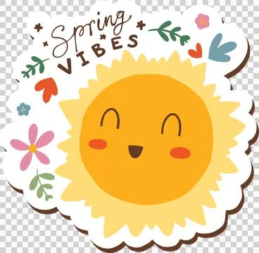 Smiling sun is shining in flat design with Spring Vibes, flowers, hearts, Stock Illustration